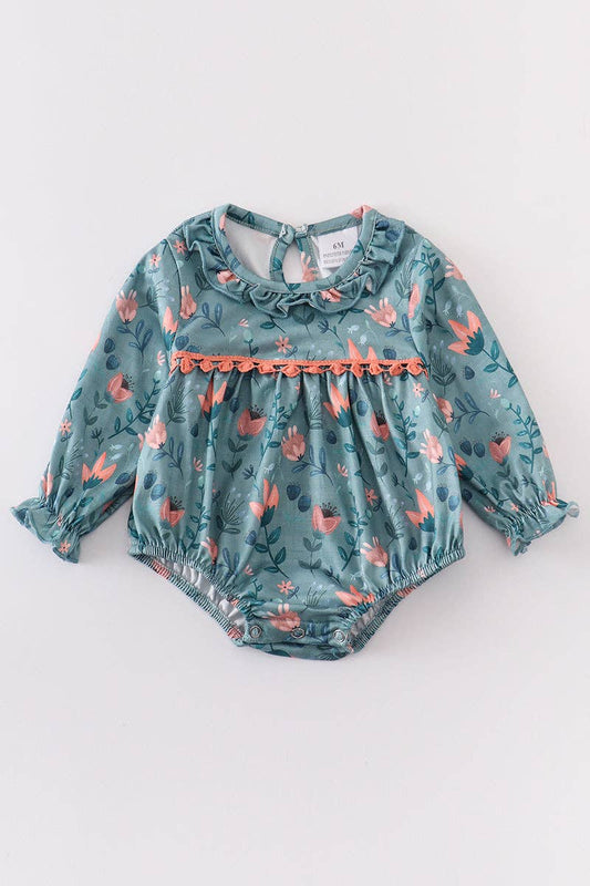 Green floral print baby romper