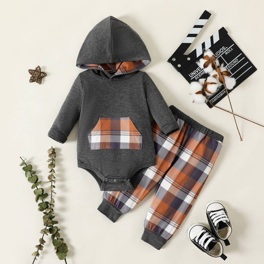 2pcs Baby Boy Grey  Hooded Romper and Plaid Sweatpants Set