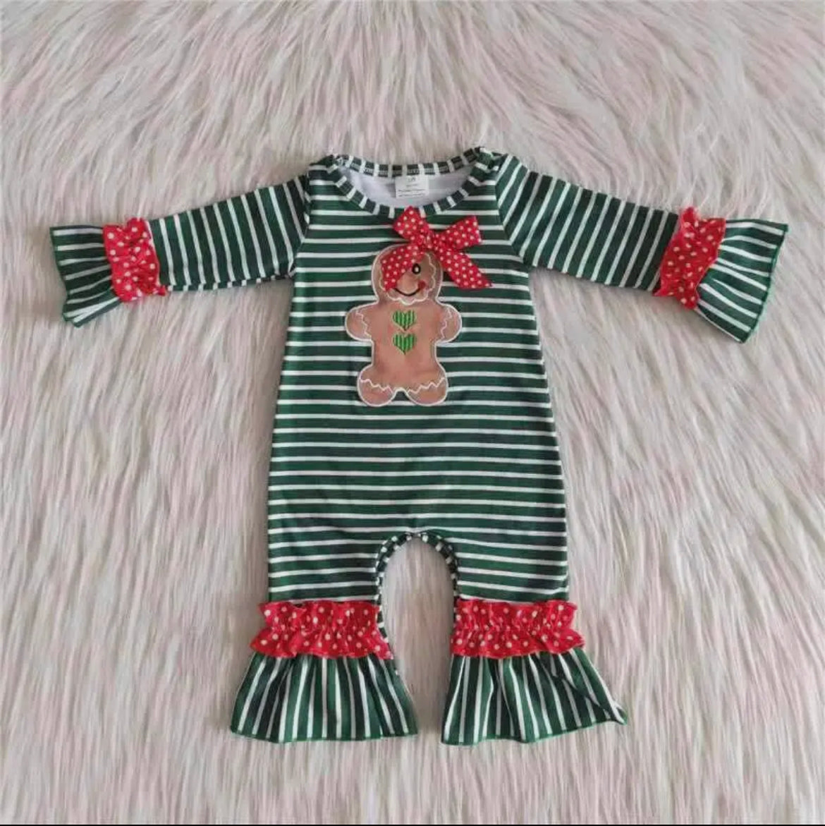 Gingerbread Green stripe Christmas romper for girls