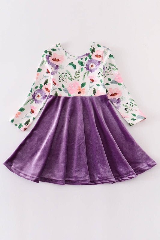 Purple floral velvet twirl girls dress