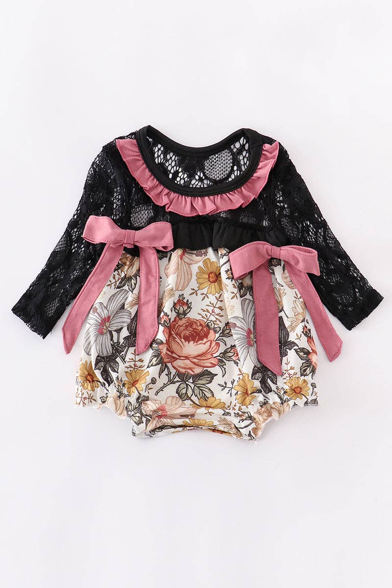 Black floral girl baby romper