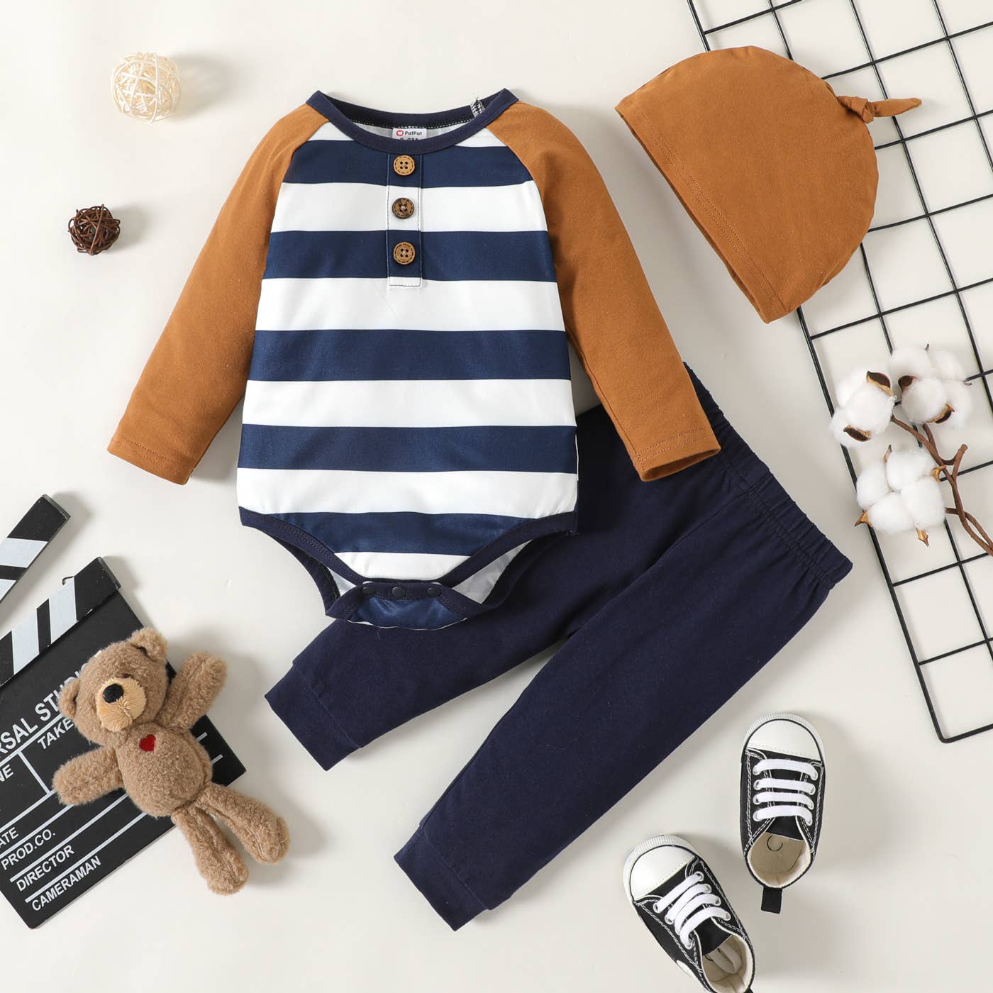3pcs Striped Romper and Solid Pants with Hat Set
