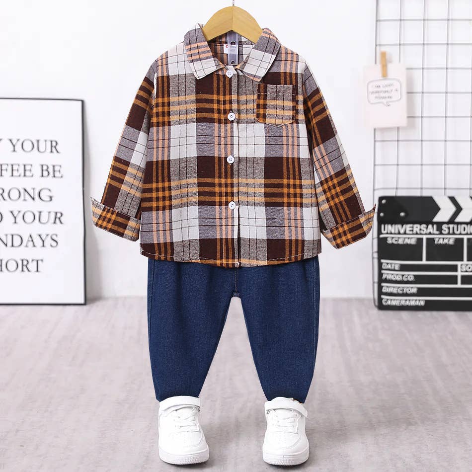 2pcs Trendy Denim Jeans and Lapel Collar Plaid Shirt Set