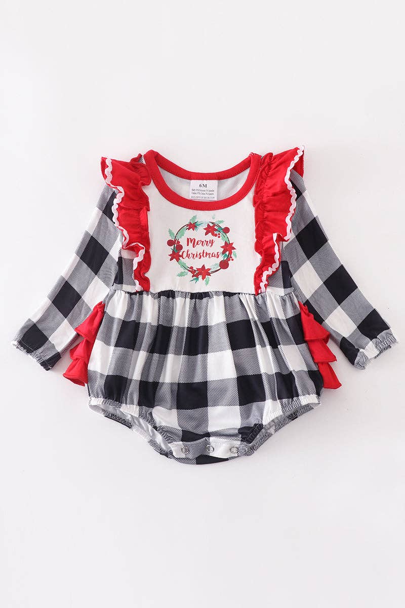 Merry christmas ruffle plaid baby romper