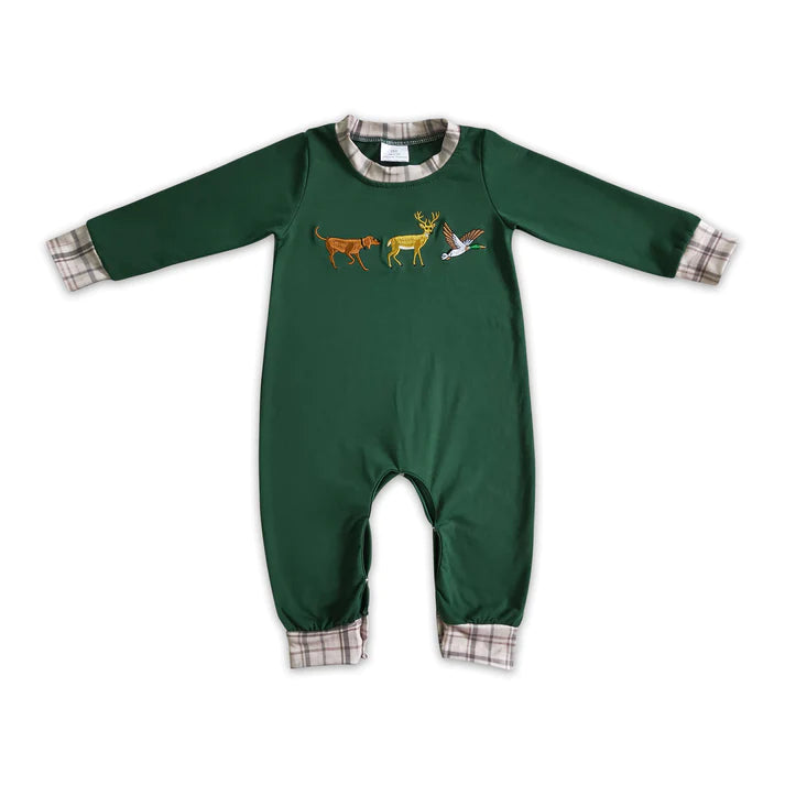 Boys Bestfriends Hunter Green Romper - Dog, Deer & Duck