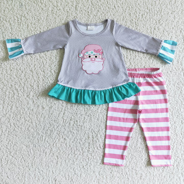 Gray Embroidered Santa with Pink/White Stripes