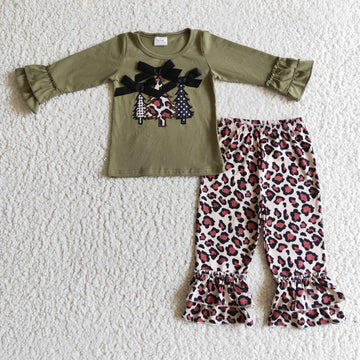 Olive Green & Leopard Christmas Tree Pant Set