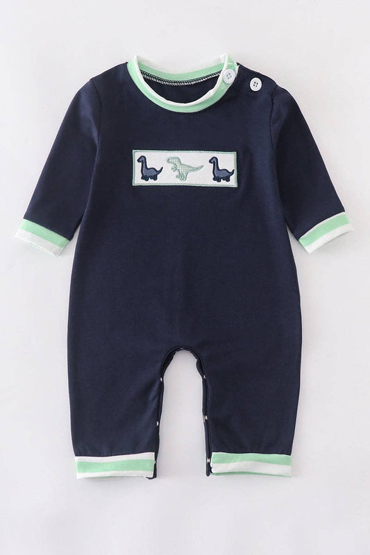 Teal three dinosaurs applique baby romper