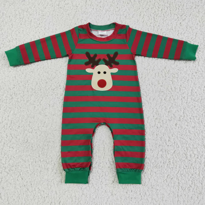 Red & Green Embroidered Reindeer Boy Christmas Romper