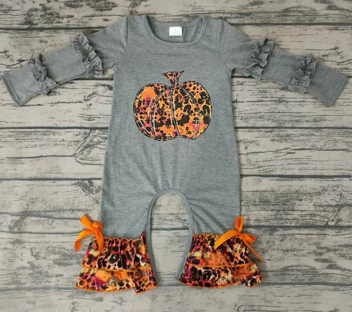 Gray Ruffle Romper with Orange Leopard Print