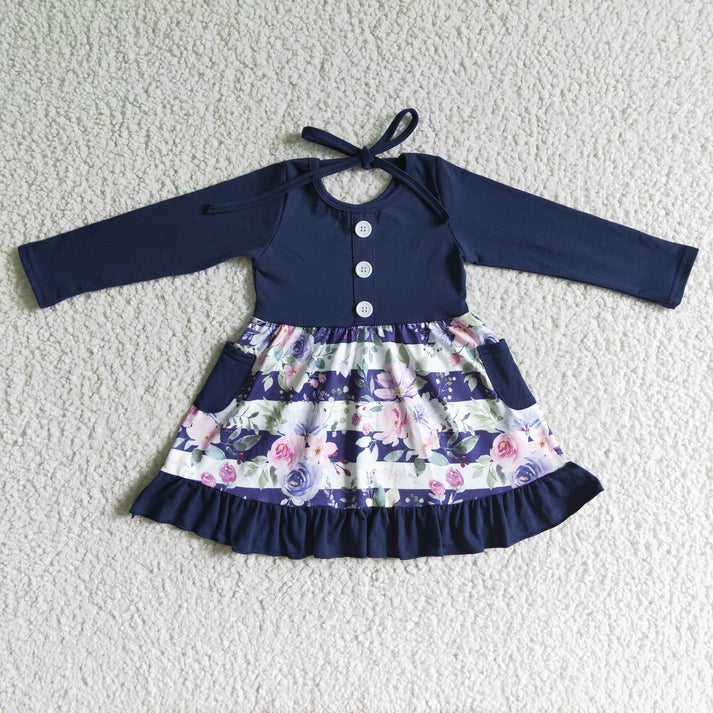 Navy Floral Twirl Dress with Pockets