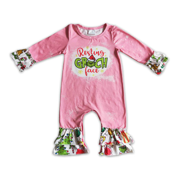 Resting Grinch Face Pink Girls Romper