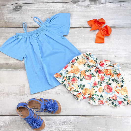 Sky Blue Floral Short Set